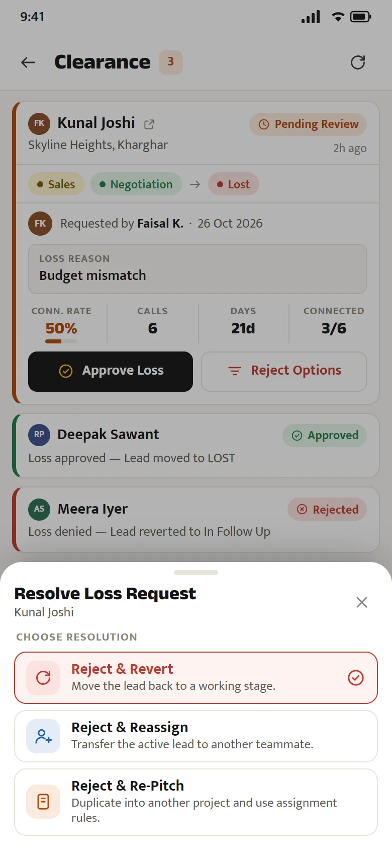 Clearance: a manager approving or rejecting a lead marked lost