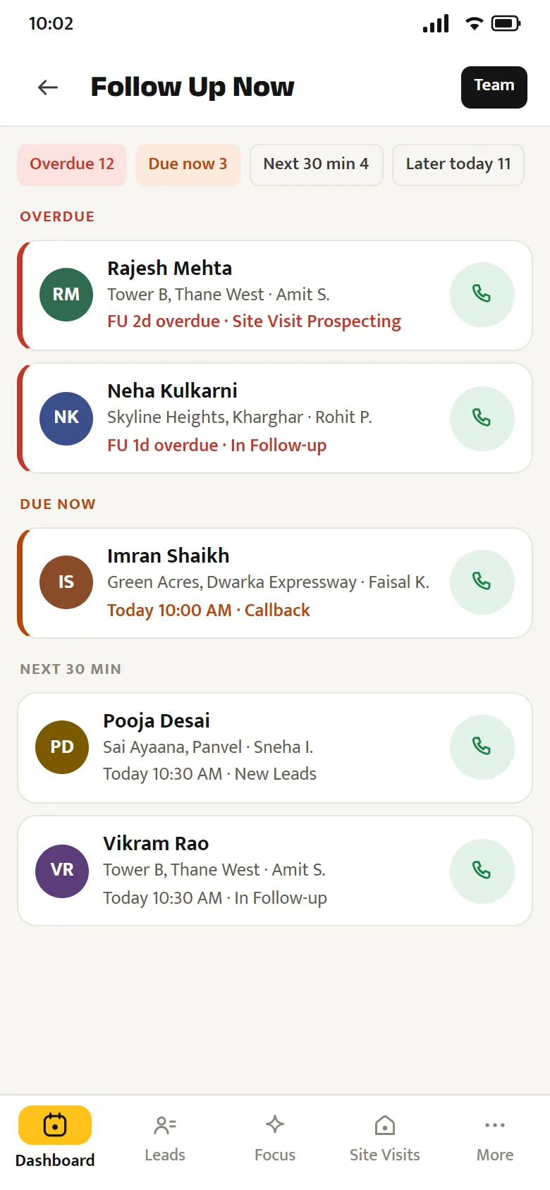 Follow-ups list with overdue leads in red