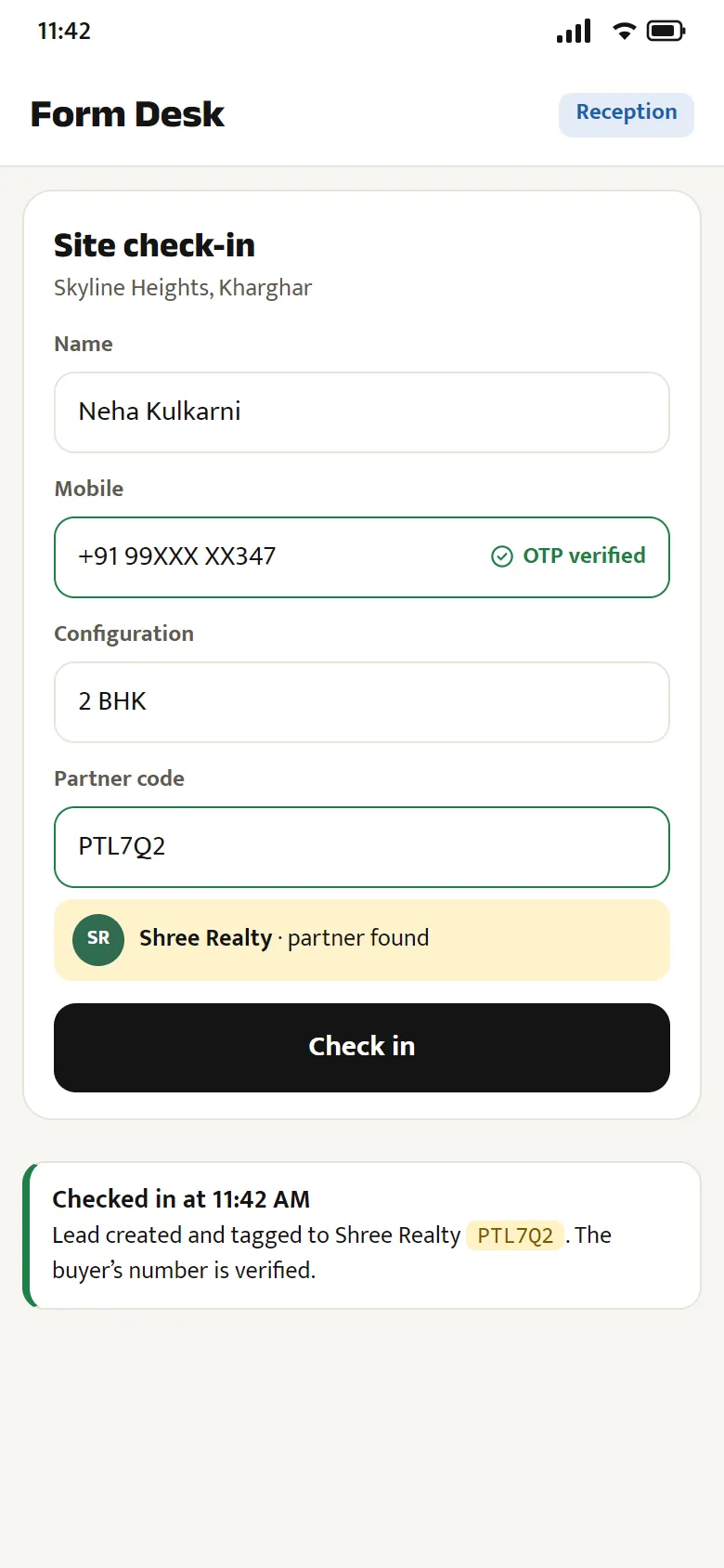 Site check-in form: buyer's number verified by OTP and a partner code matched to the CP