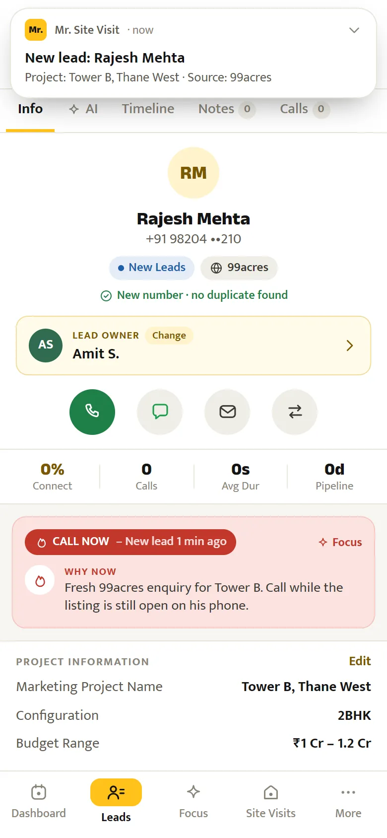 A lead on a salesperson's phone with the number partly hidden