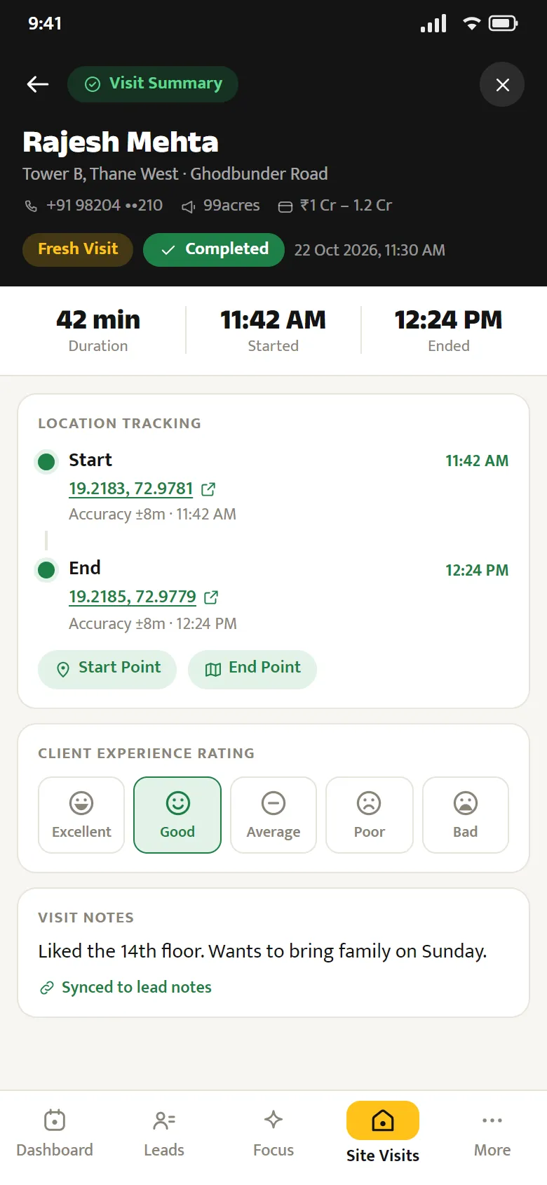 Visit summary with location recorded only at the start and end of the visit