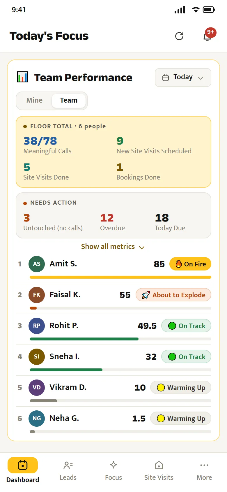 Team performance: meaningful calls, visits and bookings per RM