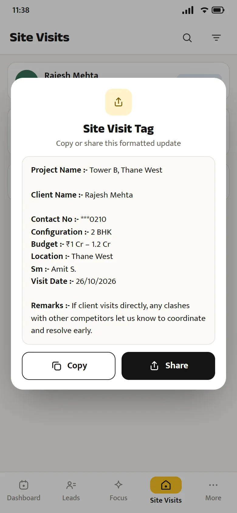Site Visit Tag: a ready message for the builder's group with the client's number masked