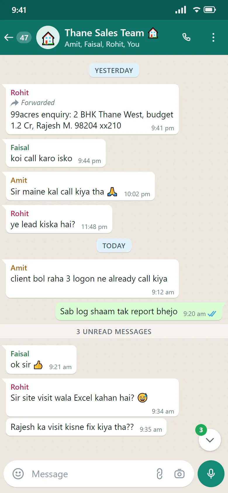 A sales WhatsApp group with forwarded leads and nobody sure who called