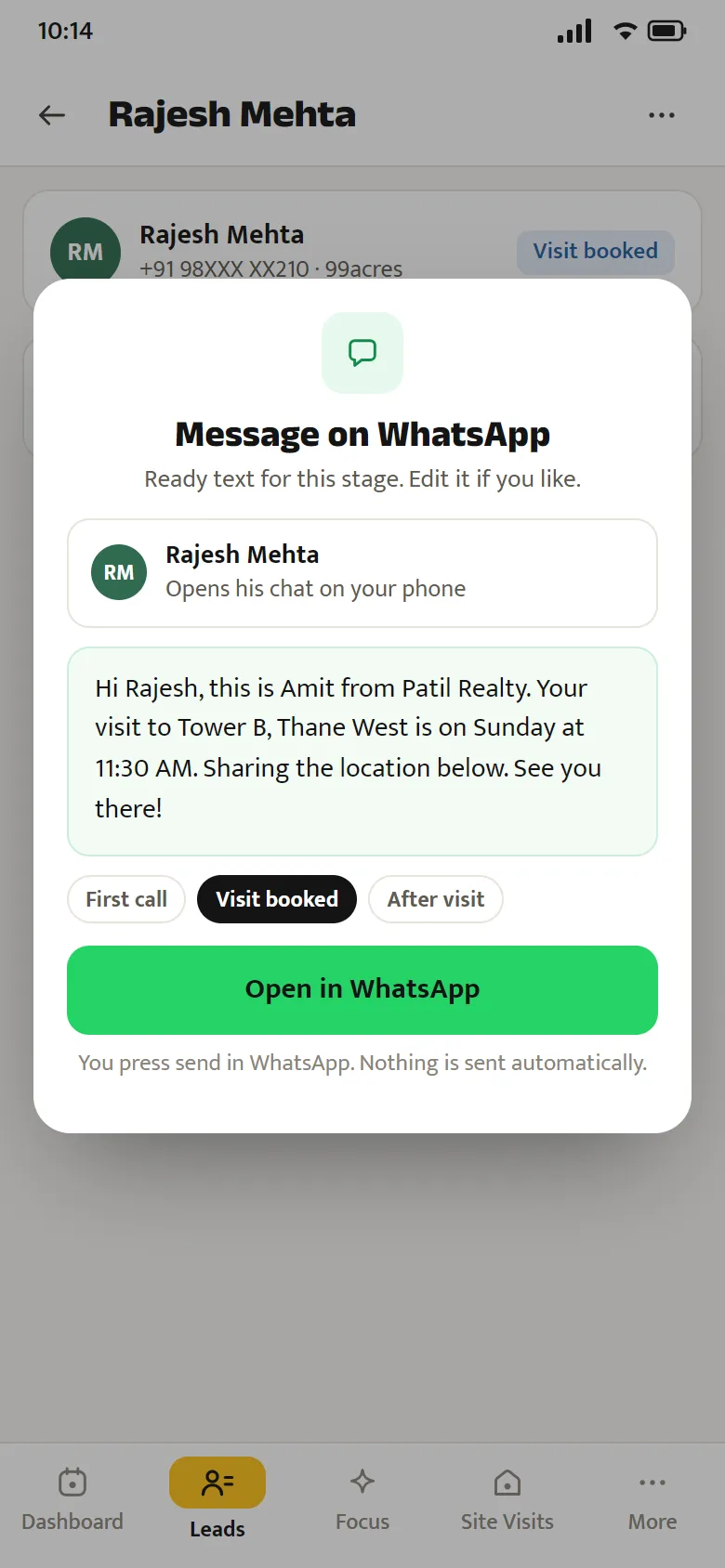 Message on WhatsApp: a ready text for the visit-booked stage; the salesperson presses send in WhatsApp
